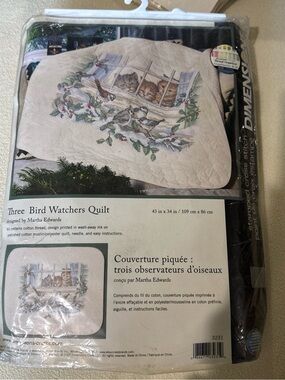 Three Bird Watchers Quilt Top - Cream with Multi-Color Bird & Kitten Motif
